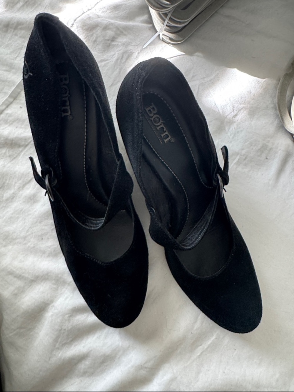 Born Black Suede Mary Jane Wedge Heels with Buckle Strap